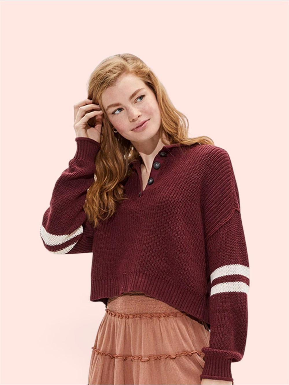 AE Roll Neck Varsity Striped Cropped Henley Sweater, Size XL